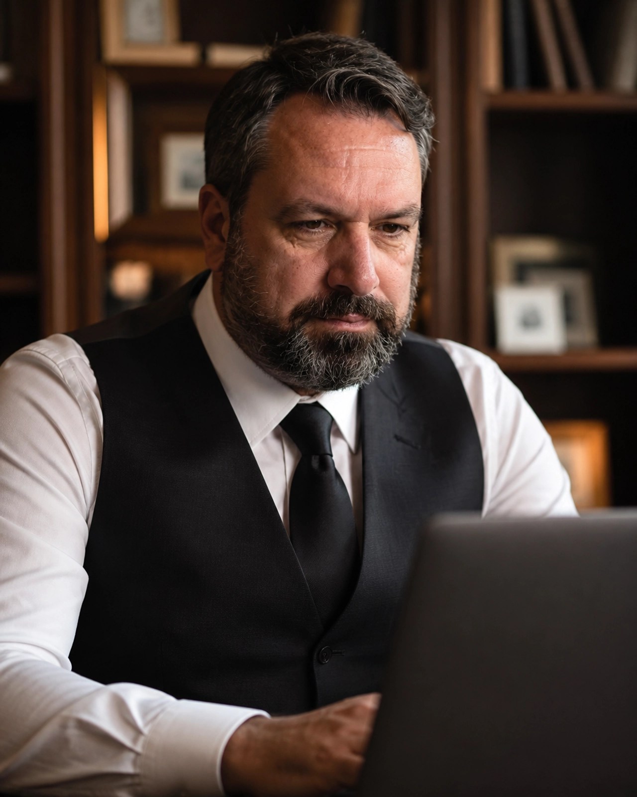A close-up photograph of a seasoned sales executive intensely focused on a laptop screen in a warm-lit office.