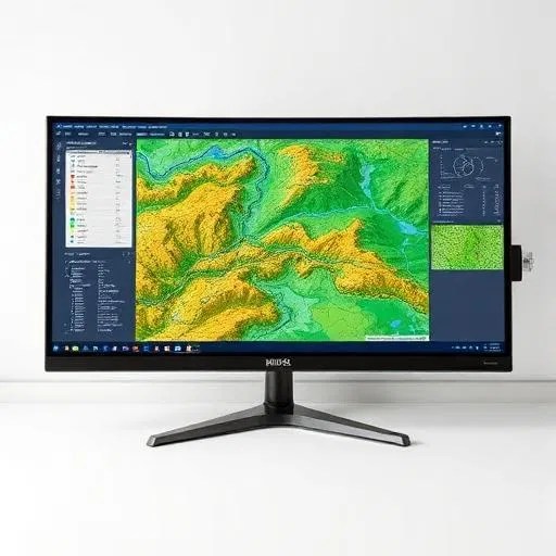GIS analysis monitor displaying 3D terrain modeling and geospatial data for remediation planning.