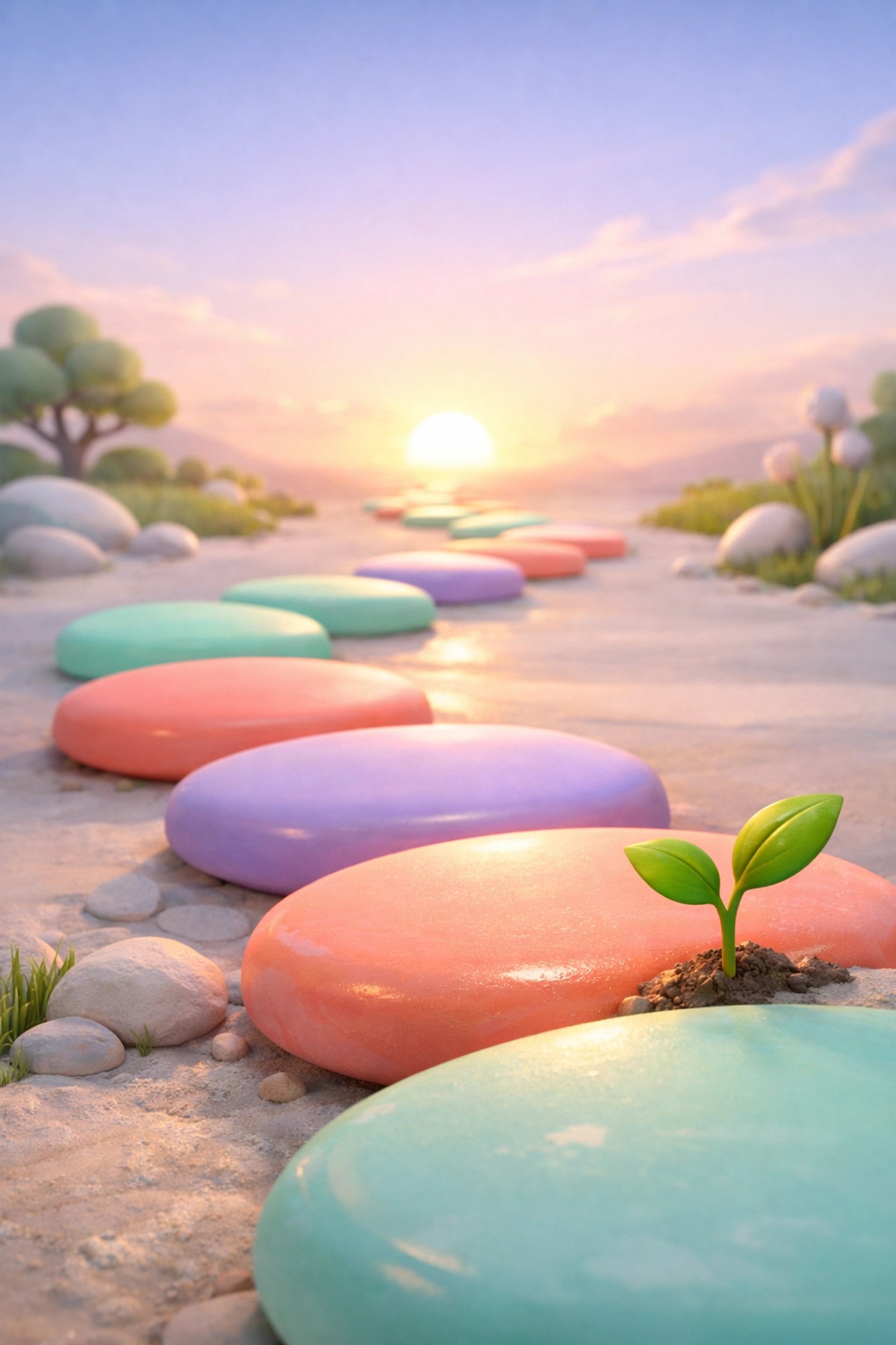 Stepping stones on a path toward a sunrise, symbolizing small victories and progress in a behavior plan.