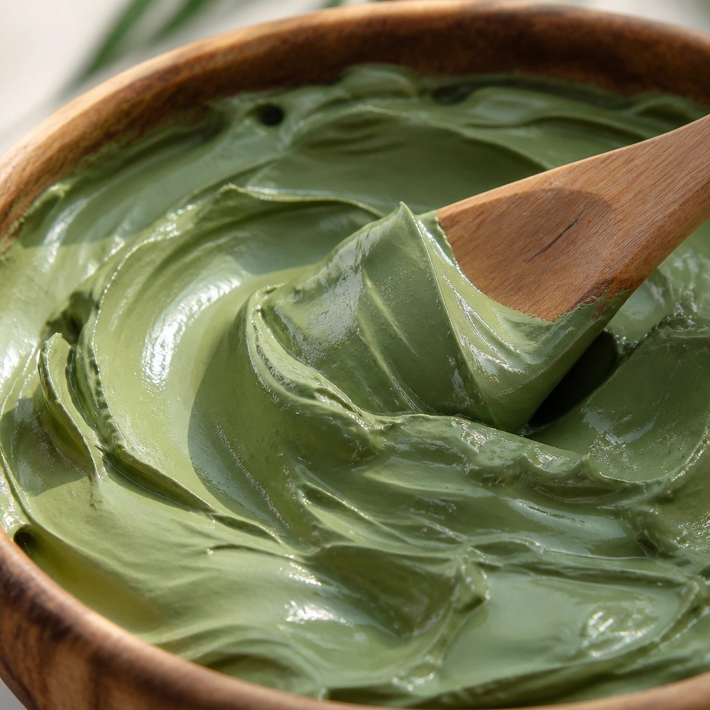 Macro shot of smooth, creamy French green clay