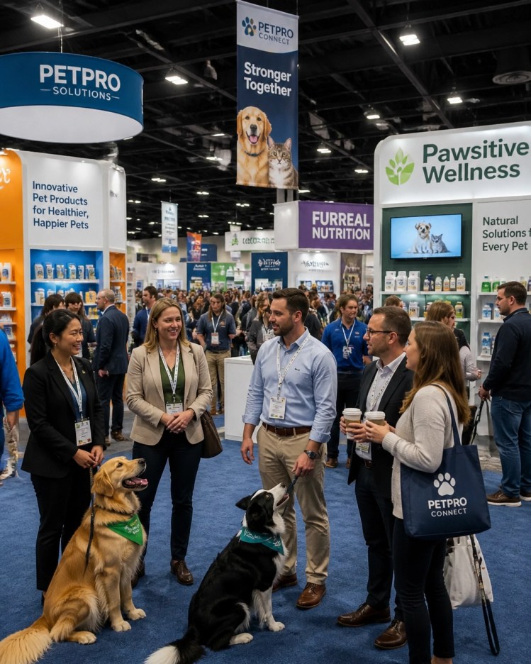 Pet professionals networking and exploring booths at a busy industry trade show