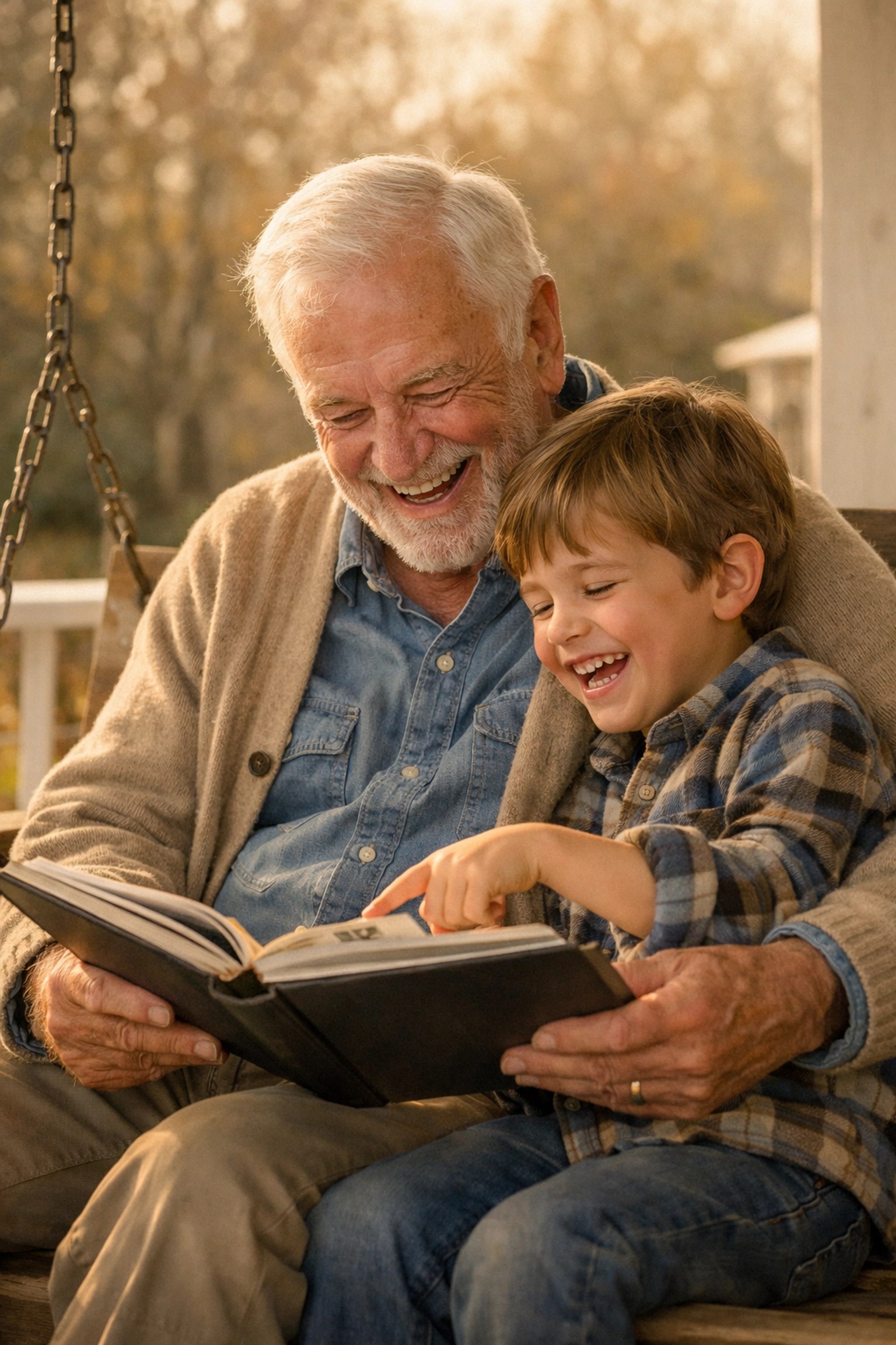 A grandfather and grandson sharing a laugh on a porch, symbolizing financial security and family legacy.