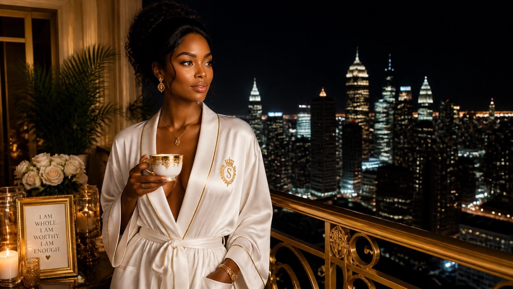 A woman on a luxury balcony at night, looking over the city skyline, embodying spiritual sovereignty and confidence.