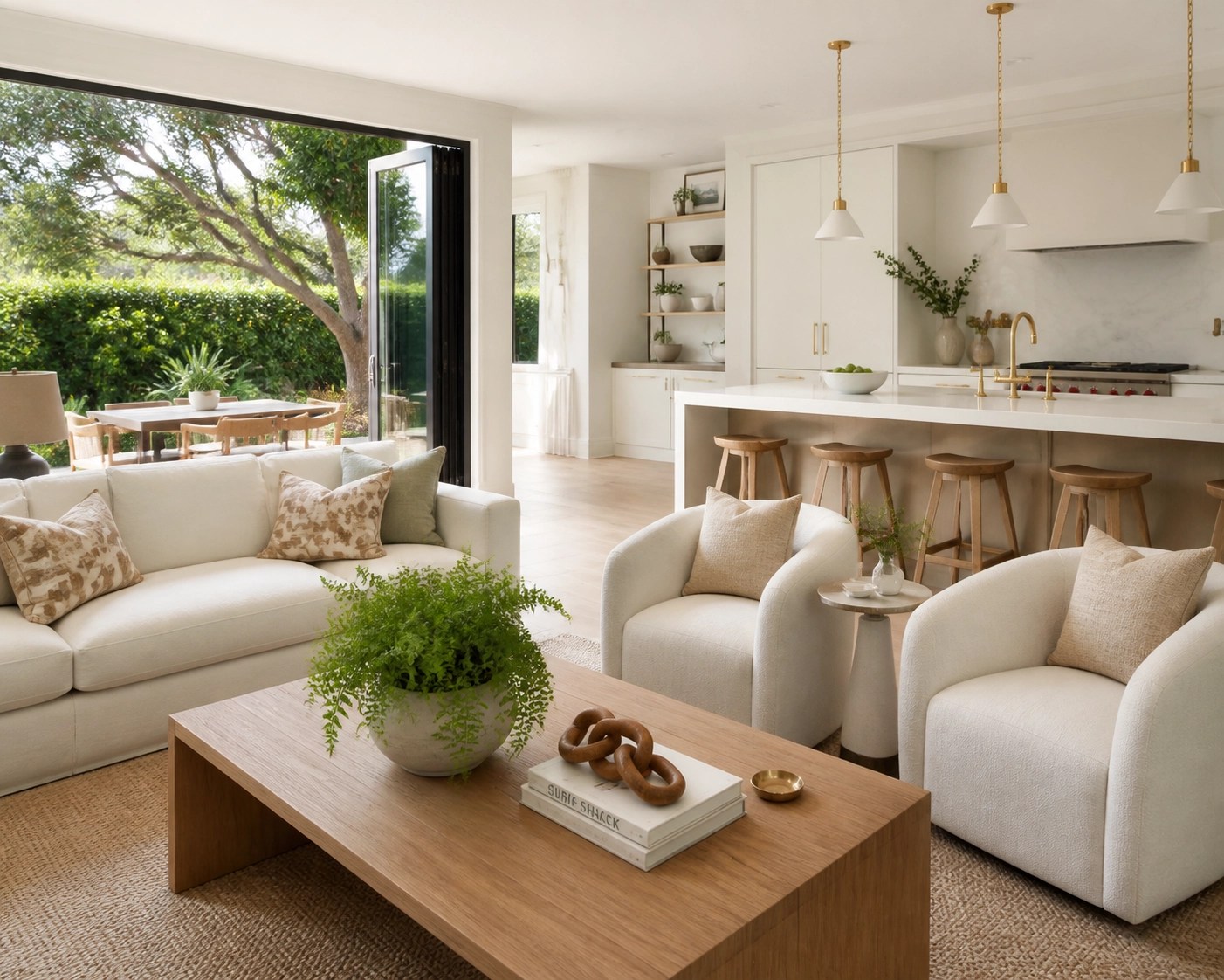 Staged modern kitchen and living area in a Columbia MD home showing luxury turn-key interior design.