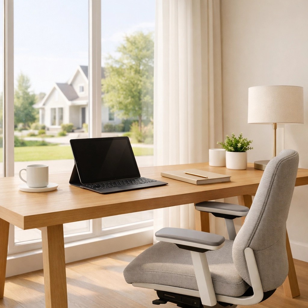Modern home office in a Montgomery County house for relocating professionals.