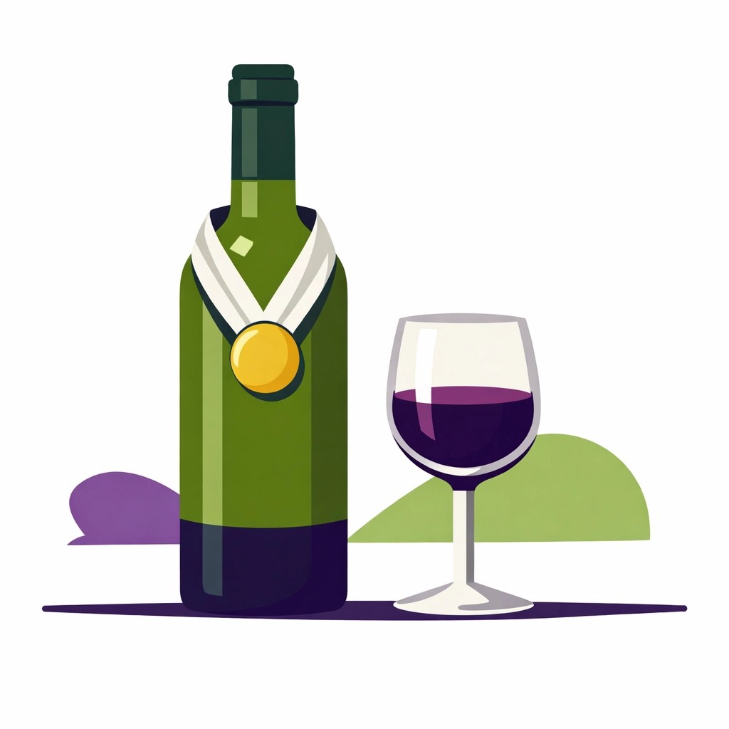 A gold medal award-winning Virginia wine bottle and glass set against a modern vineyard background.