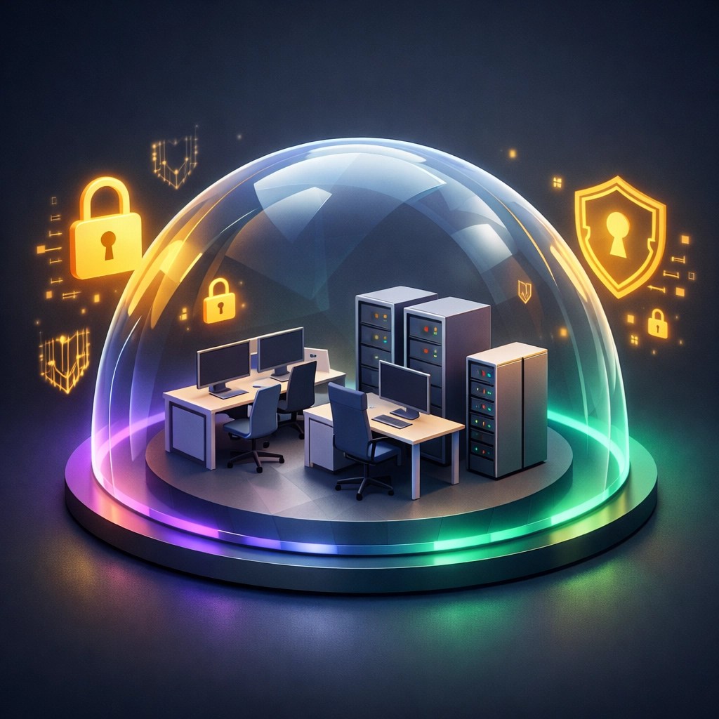 Digital protective dome over workstations representing small business cybersecurity and network security.