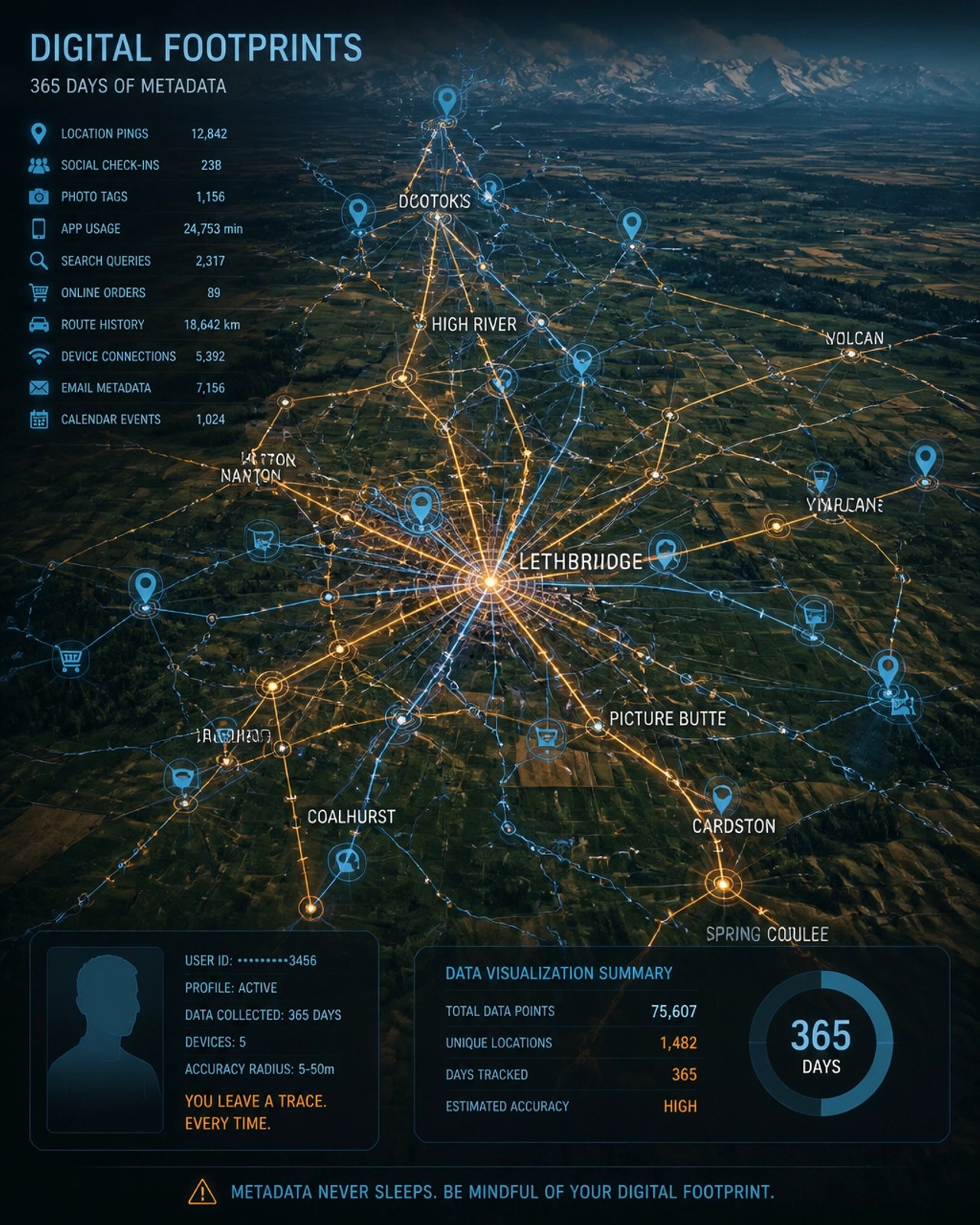 A visualization of a 'digital paper trail' over a stylized landscape, showing the massive amount of metadata collected over a year.