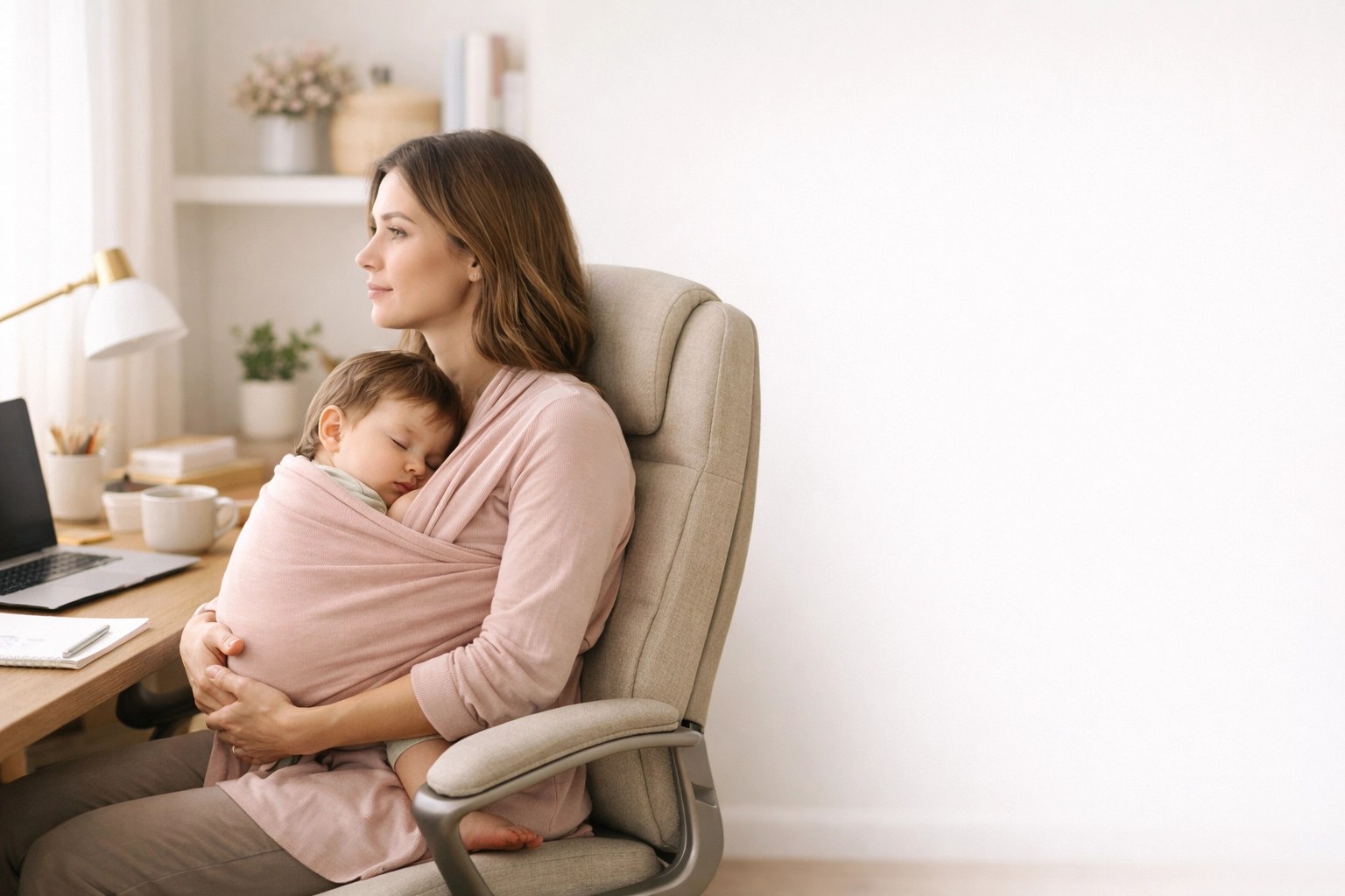 A working mother in a supportive home office environment showcasing maternal resilience and matrescence support.