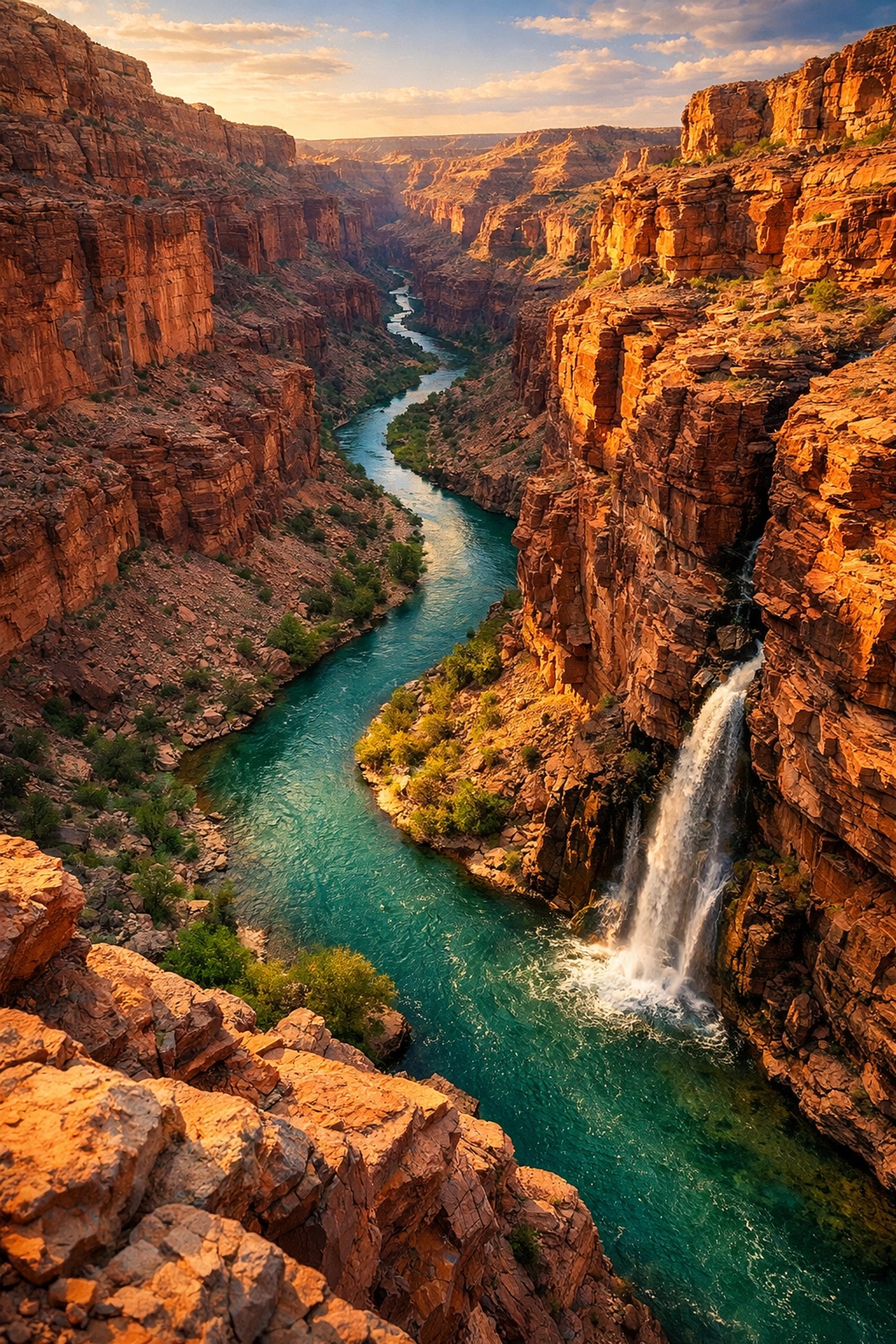 Scenic turquoise river flowing through majestic red rock canyon walls on a professional white water rafting trip.
