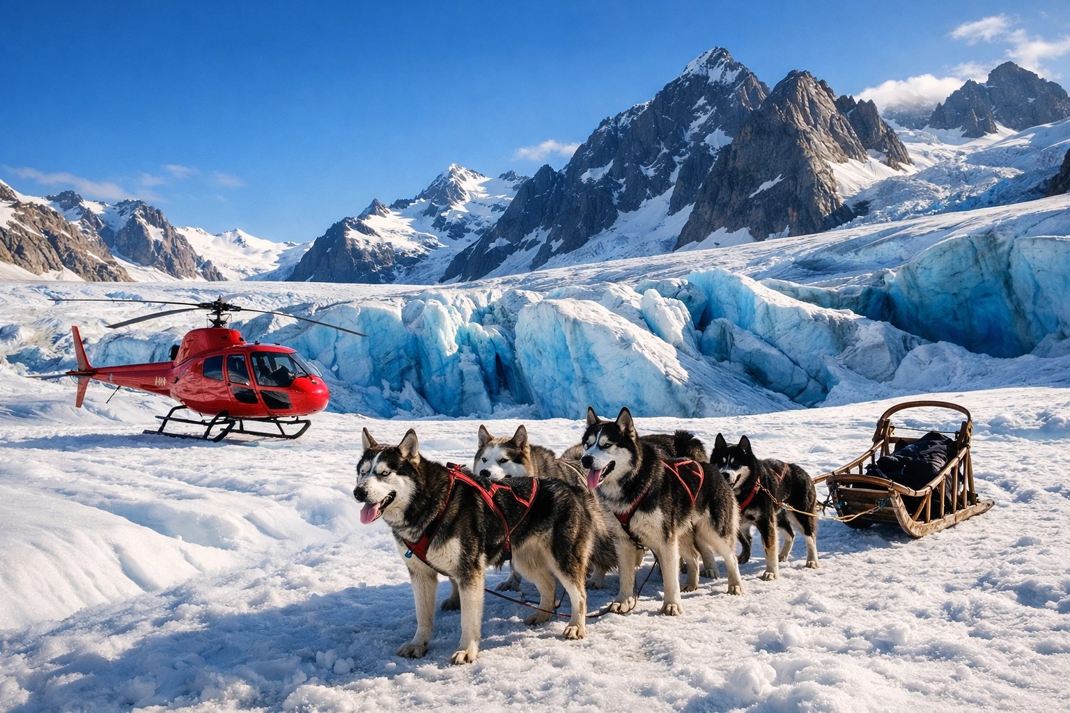 Red helicopter and Alaskan husky dog sled team on a massive white glacier in Juneau.