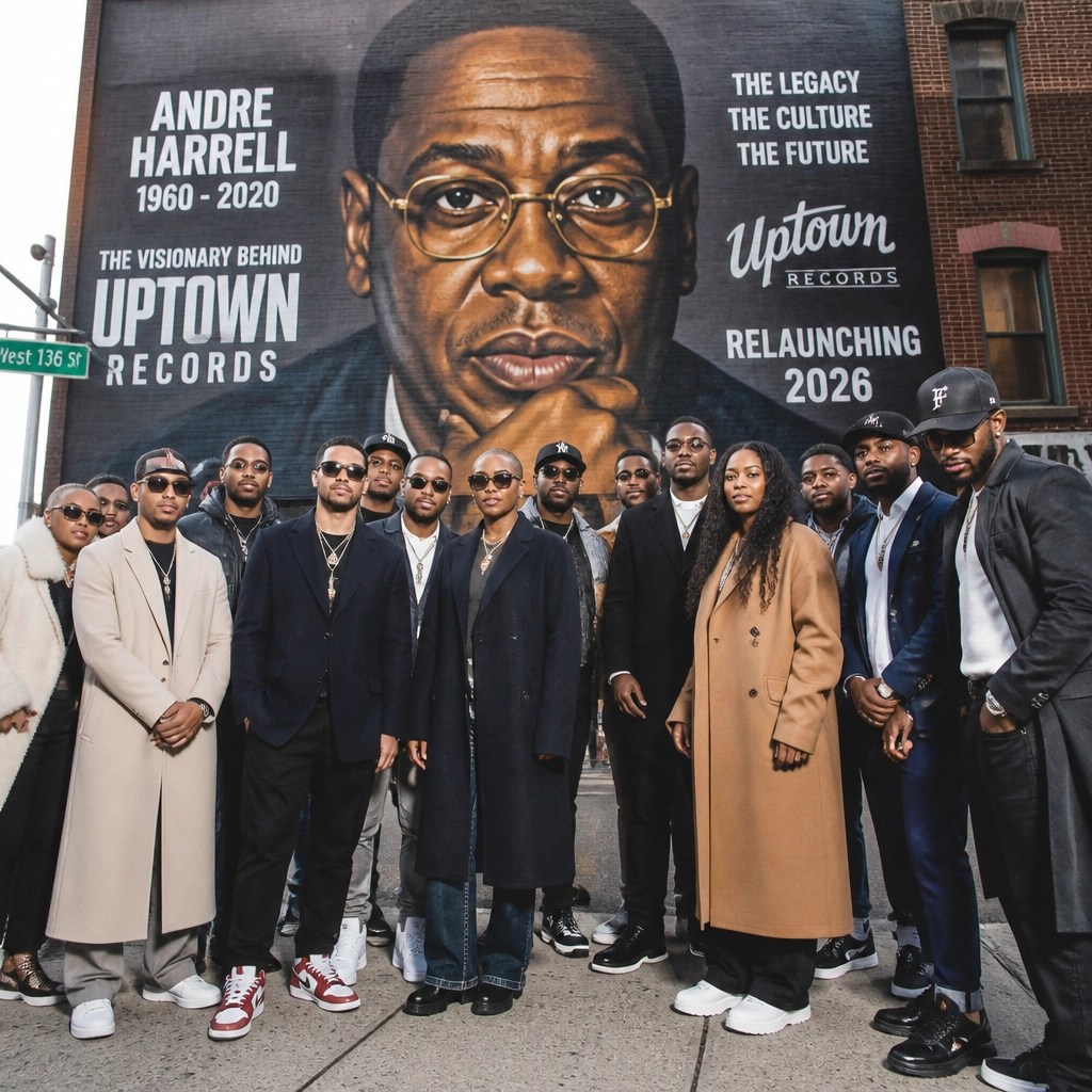 A celebratory scene in the Bronx with a mural of Andre Harrell in the background