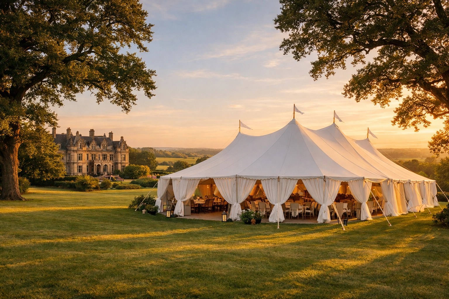 Elegant white sailcloth marquee on manicured lawns at a Kent countryside wedding venue