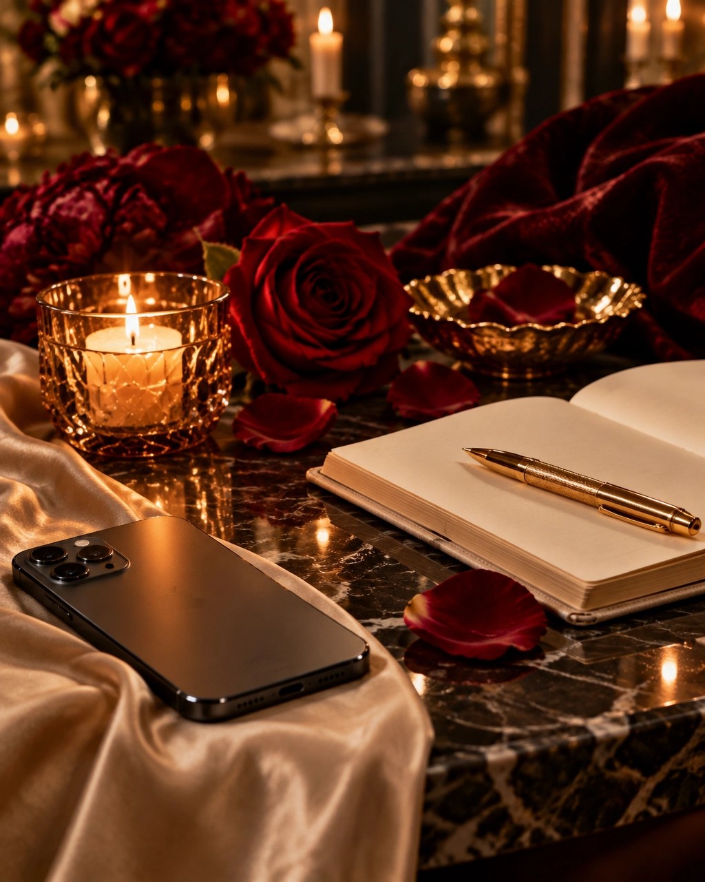 A confident woman in a tailored black velvet jacket seated on a cream-and-gold chaise in a candlelit salon, embodying divine feminine awakening and self-worth