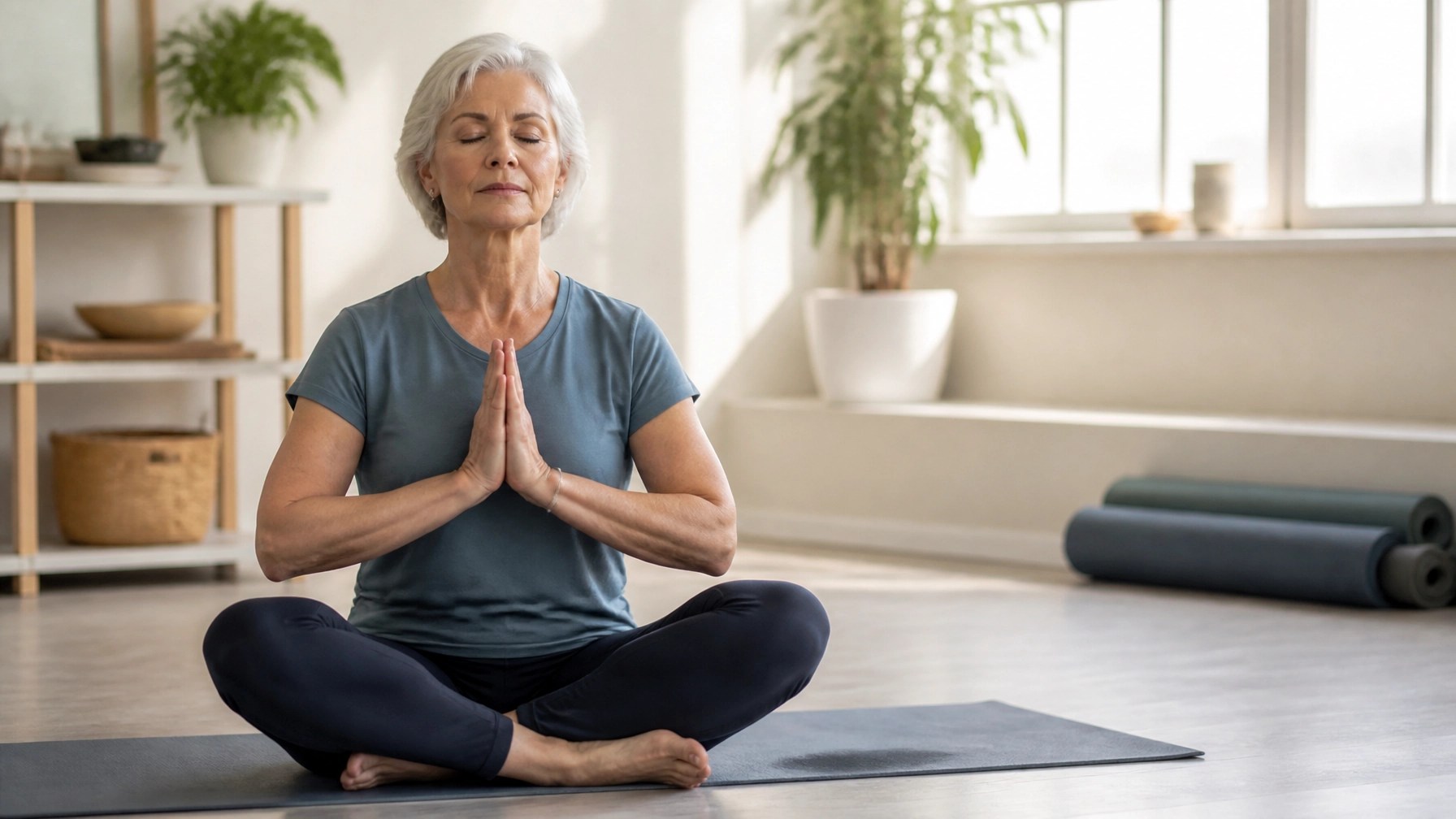 Senior woman practicing yoga representing mental wellness and behavioral health