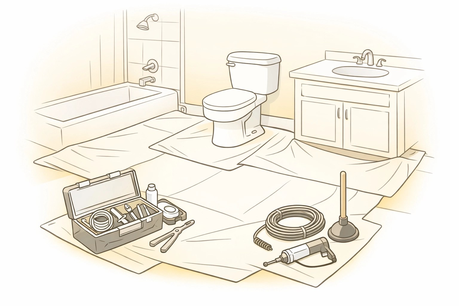 Professional drain service work area with protected floors and organized equipment layout