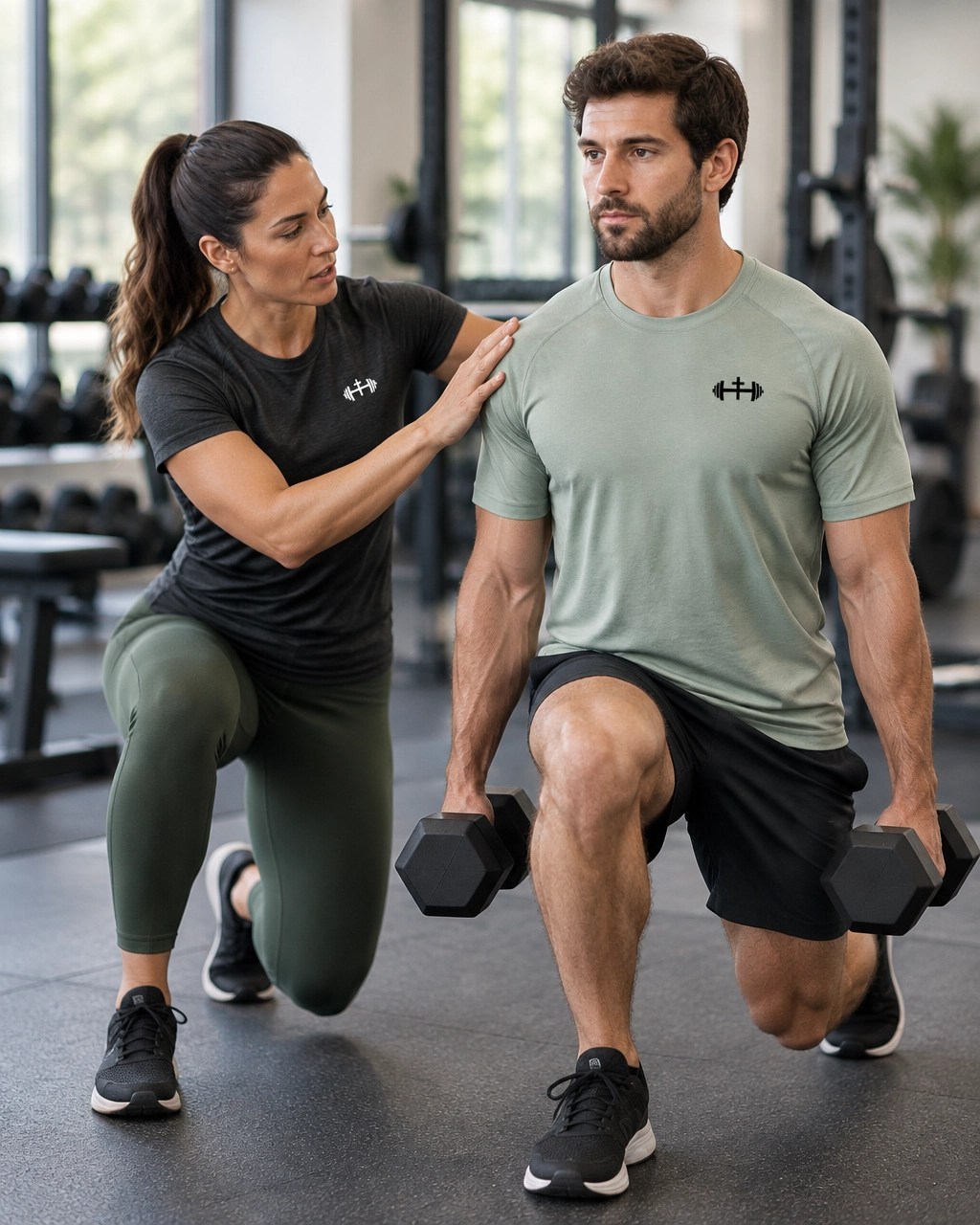 Coach guiding a client through a movement in a bright contemporary gym while both wear subtly branded training apparel