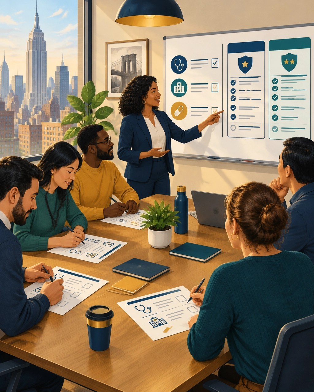 Small business owner and employees completing a benefits survey and comparing two plan tiers