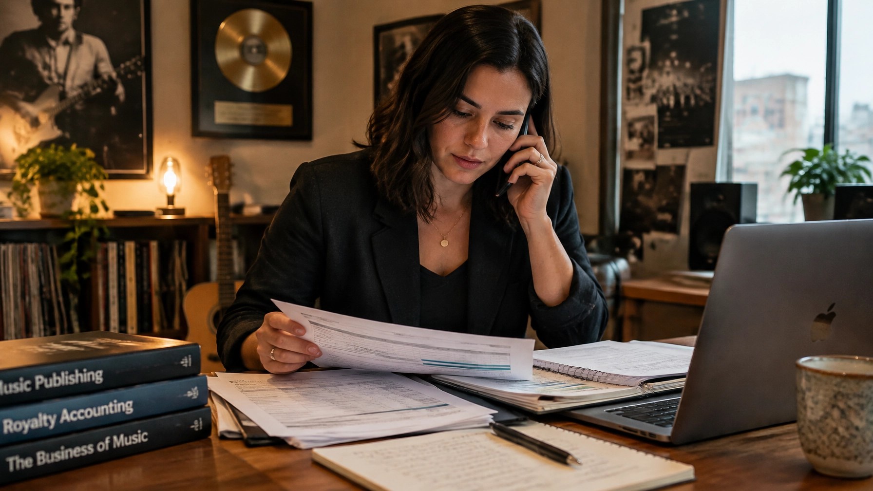 Music publishing executive reviewing royalty statements, registration records, and publishing documents during a phone consultation