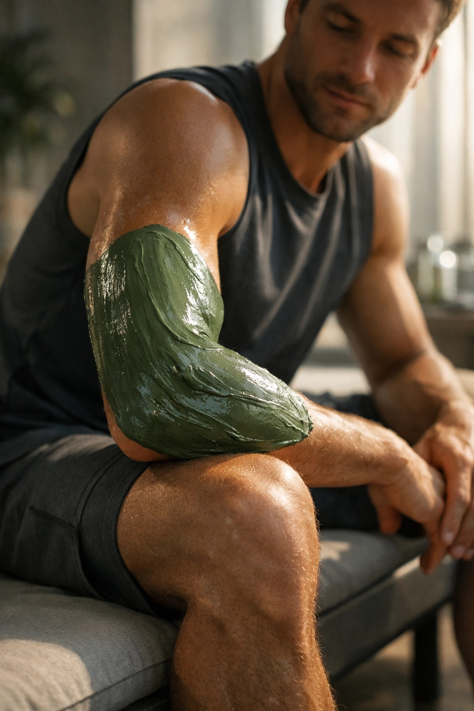 Athlete using green montmorillonite clay on elbow for natural sports recovery and joint health.