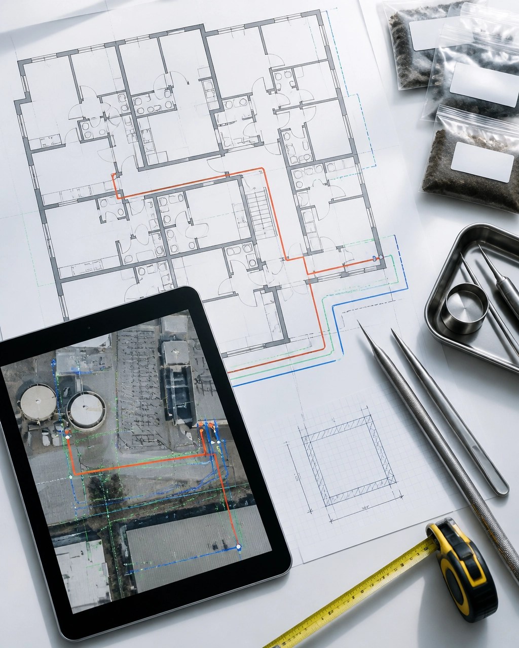Technical survey grid and sampling equipment used to document affected areas in a New York City building