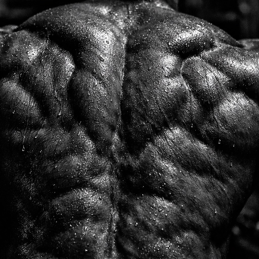 Close-up of back muscles showing peak lat contraction for better width during training.