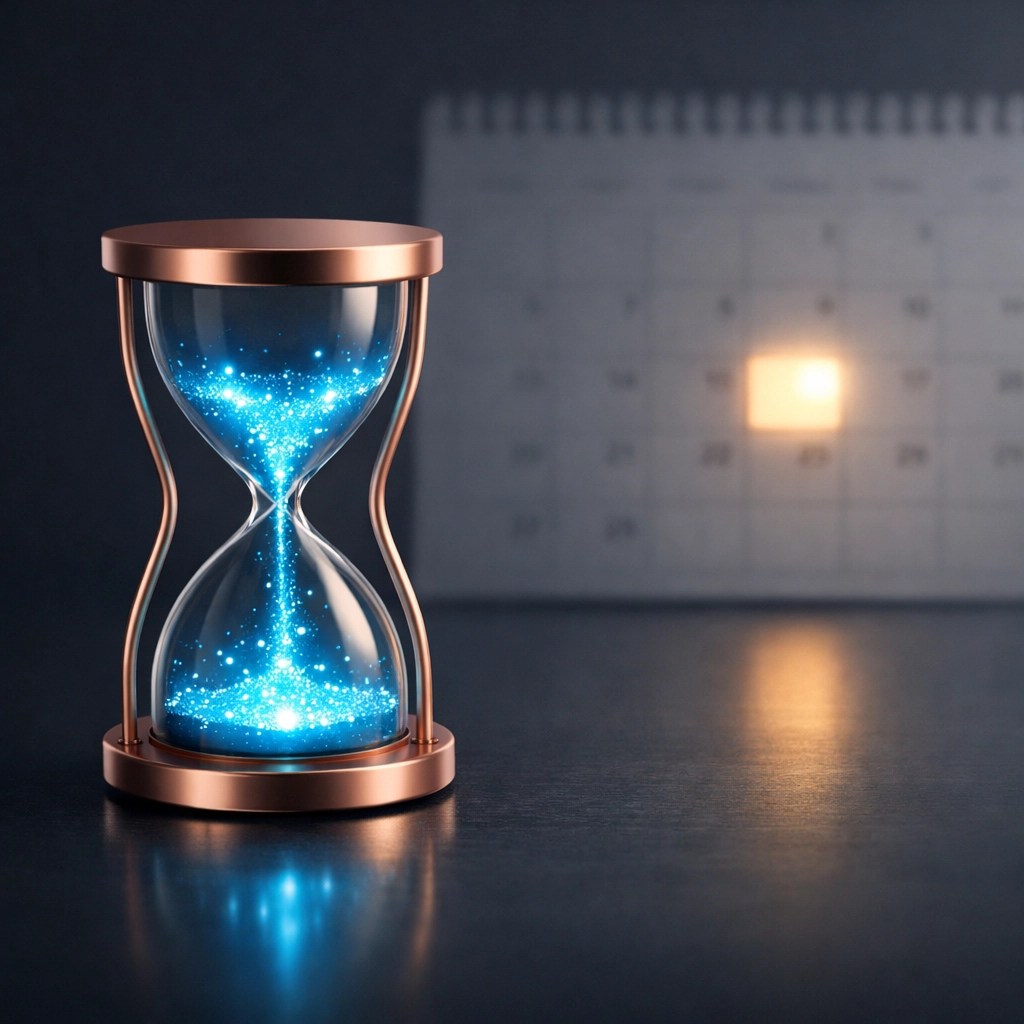 An elegant hourglass and calendar symbolizing important Medicare enrollment deadlines and timing.