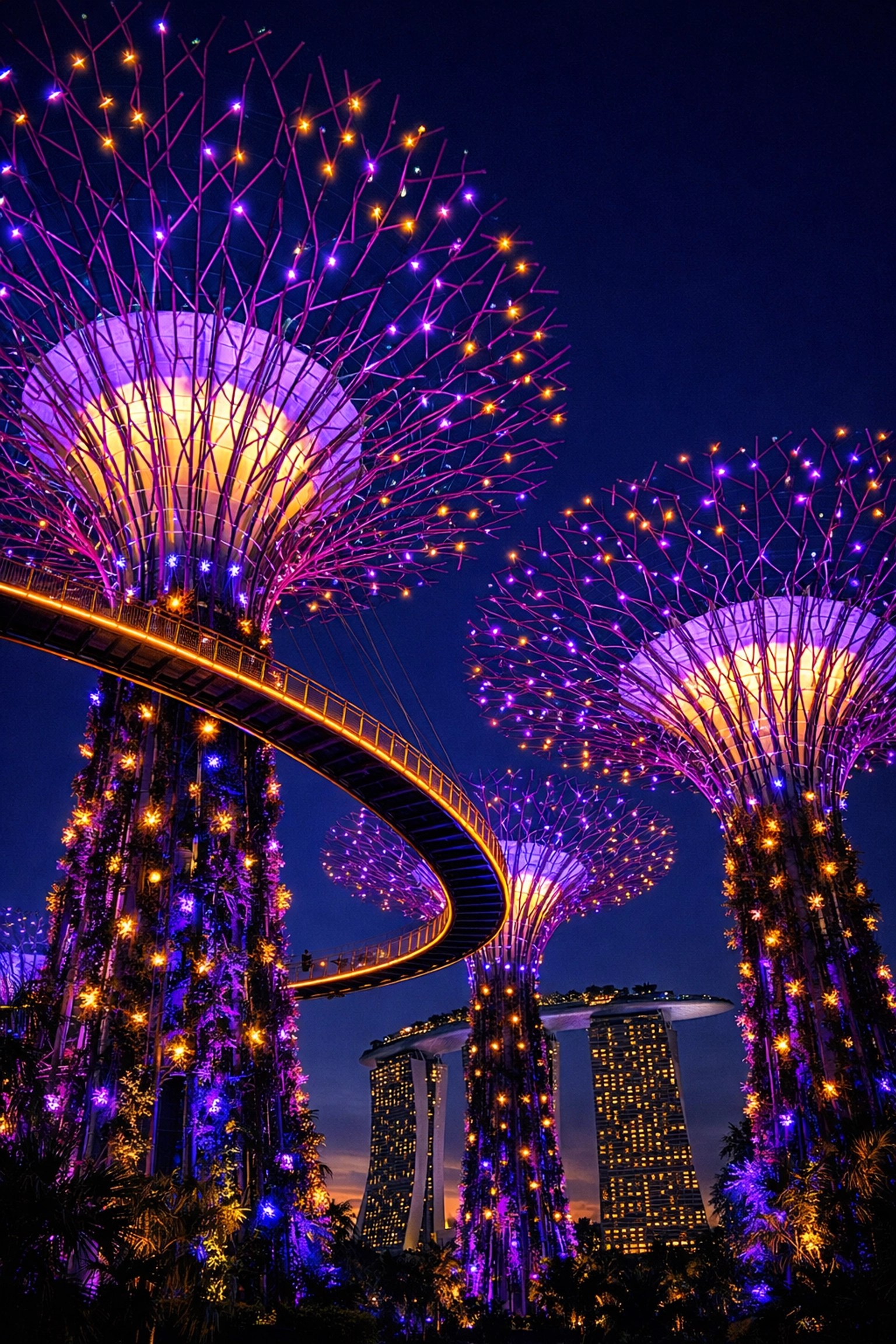 The iconic Supertree Grove at Gardens by the Bay in Singapore glowing at twilight near Marina Bay Sands.