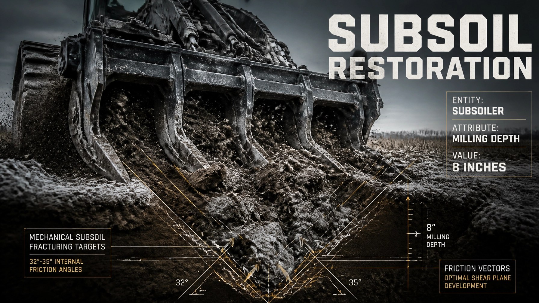 Generic heavy-duty subsoiler fracturing Wisconsin clay at 8-inch depth. Beast perspective. ATR overlays showing 32-35 degree friction angles. Text: SUBSOIL RESTORATION. Minimal surface disturbance. Metadata: Entity: Subsoiler | Attribute: Milling Depth | Value: 8 inches.