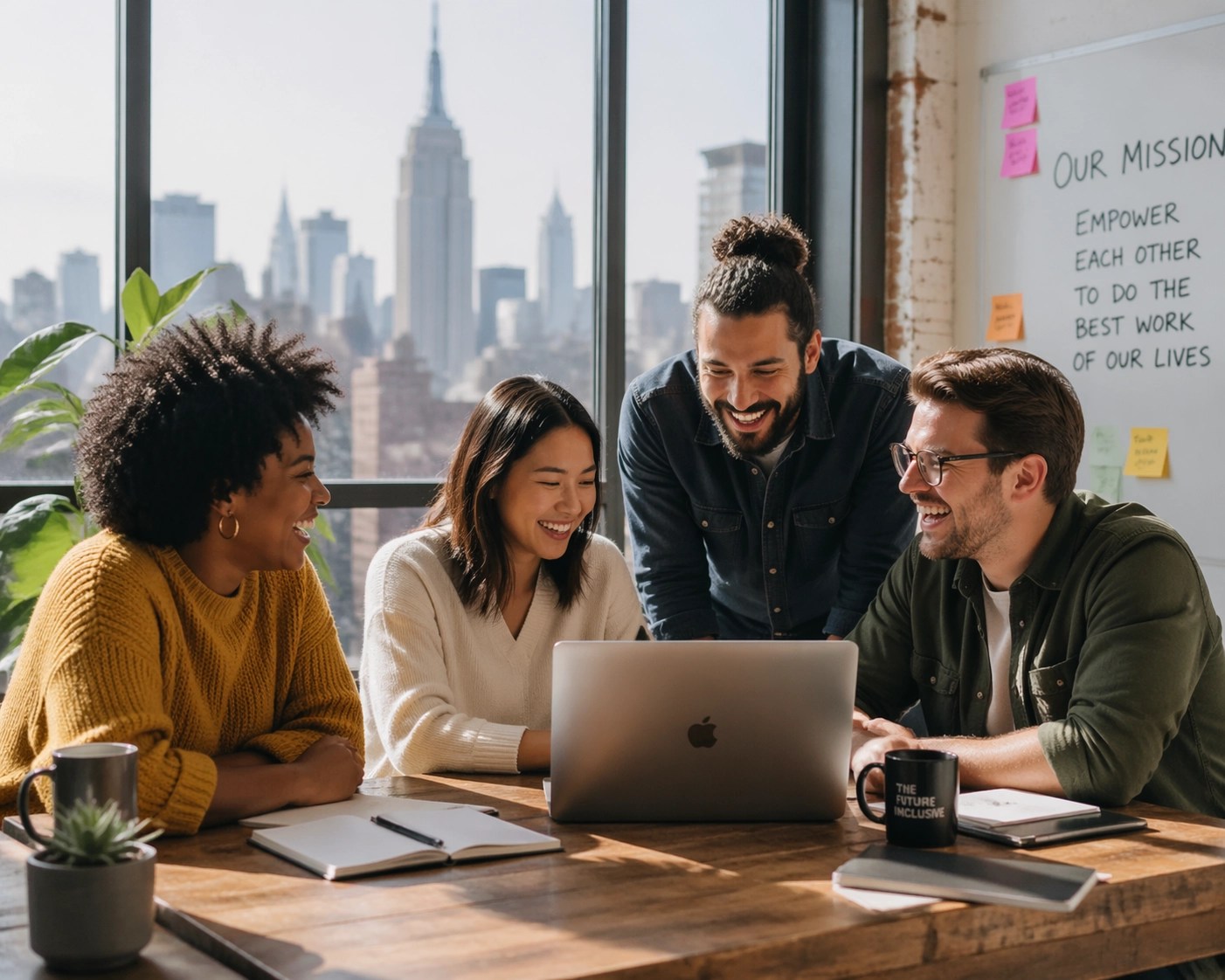 Diverse NYC small business employees collaborating in a modern office, highlighting a positive company culture.