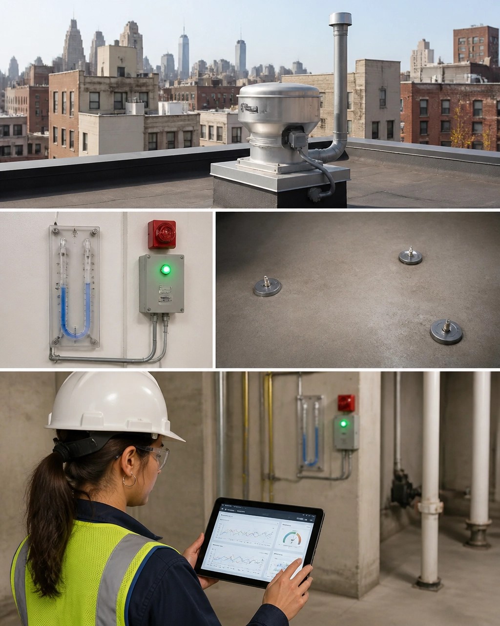 Engineer reviewing vapor mitigation pressure readings and long-term monitoring data near a building exhaust system
