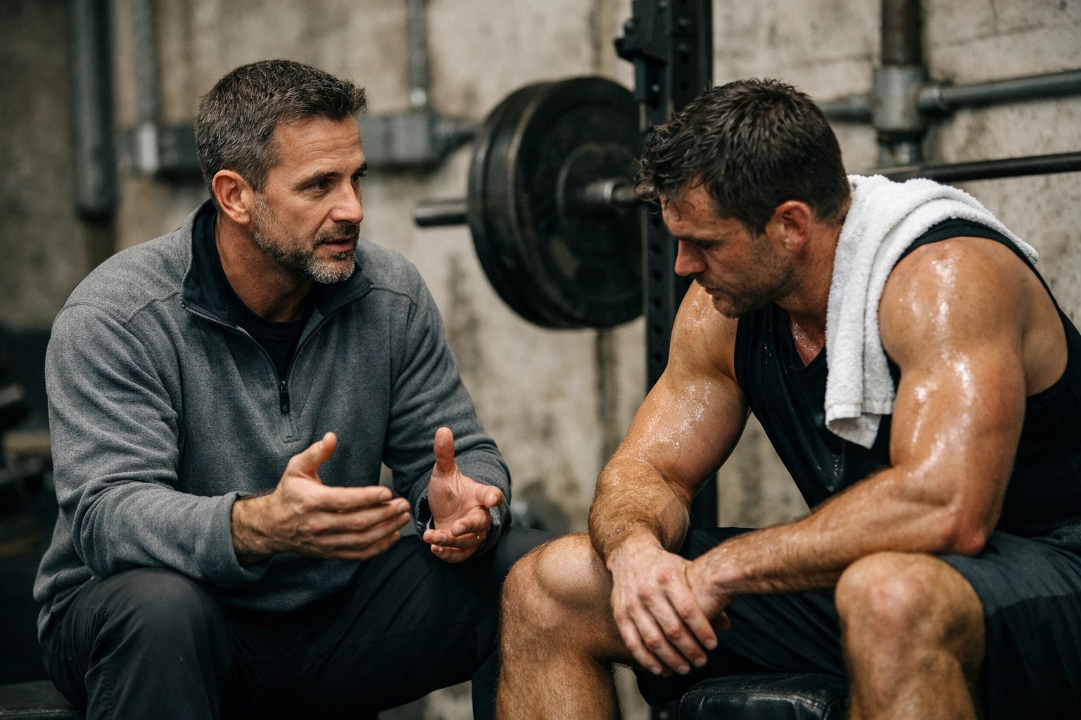 Tibs Parise discussing the best pain relief and Clayer recovery with a sweaty athlete in a high-performance gym.