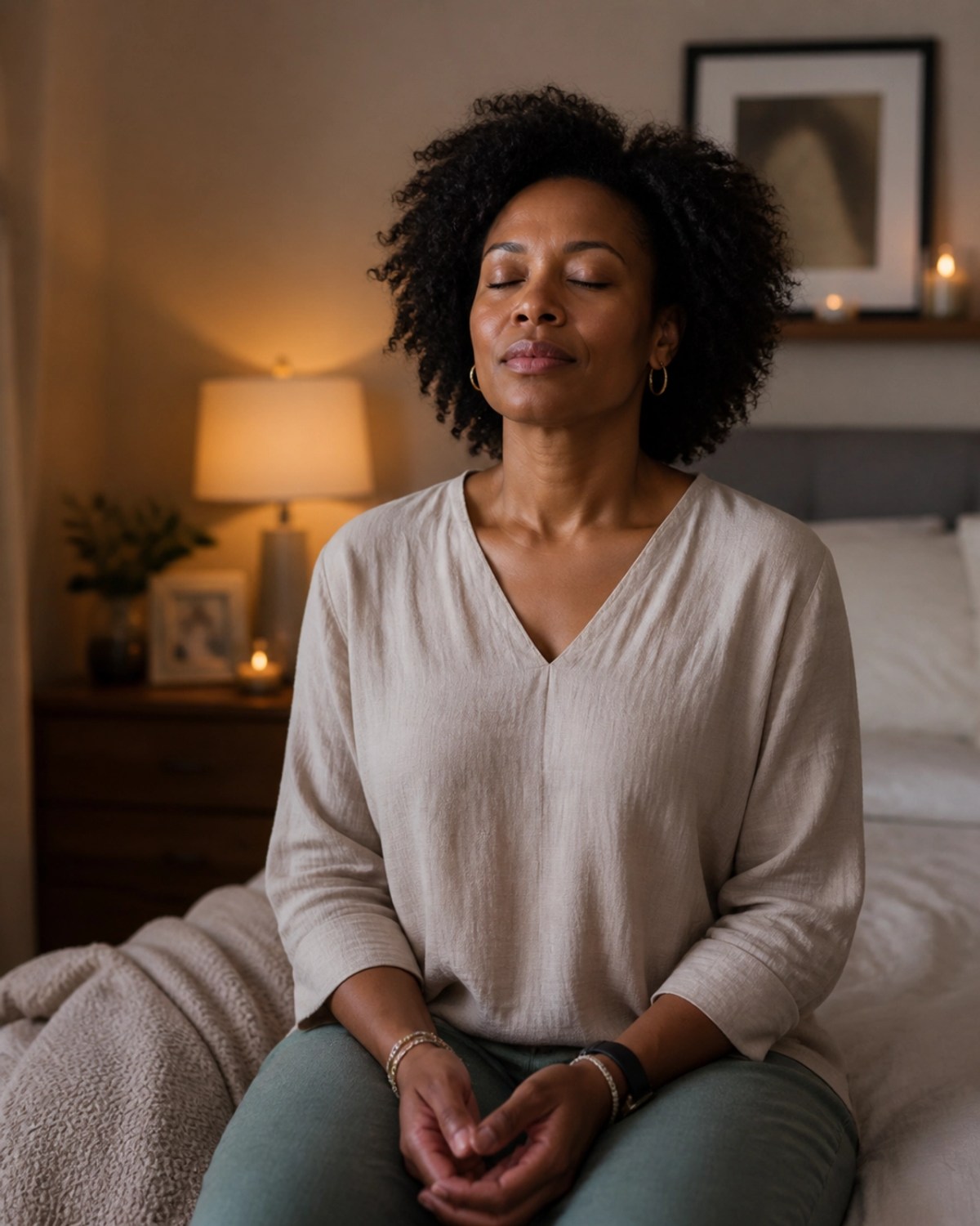 A Black woman taking a moment for restorative quiet and meditation, highlighting the importance of self-care within a structured routine.