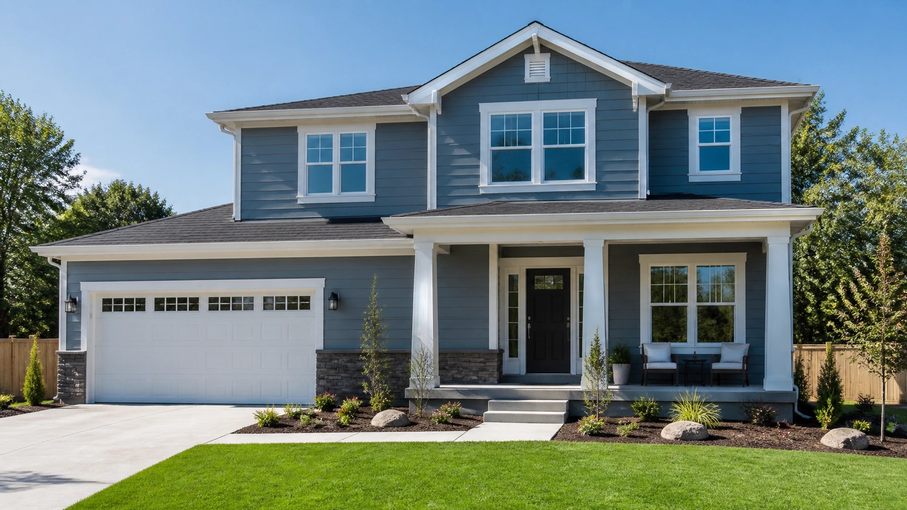 Professional architectural photography of a modern, well-lit two-story suburban home with a clear blue sky