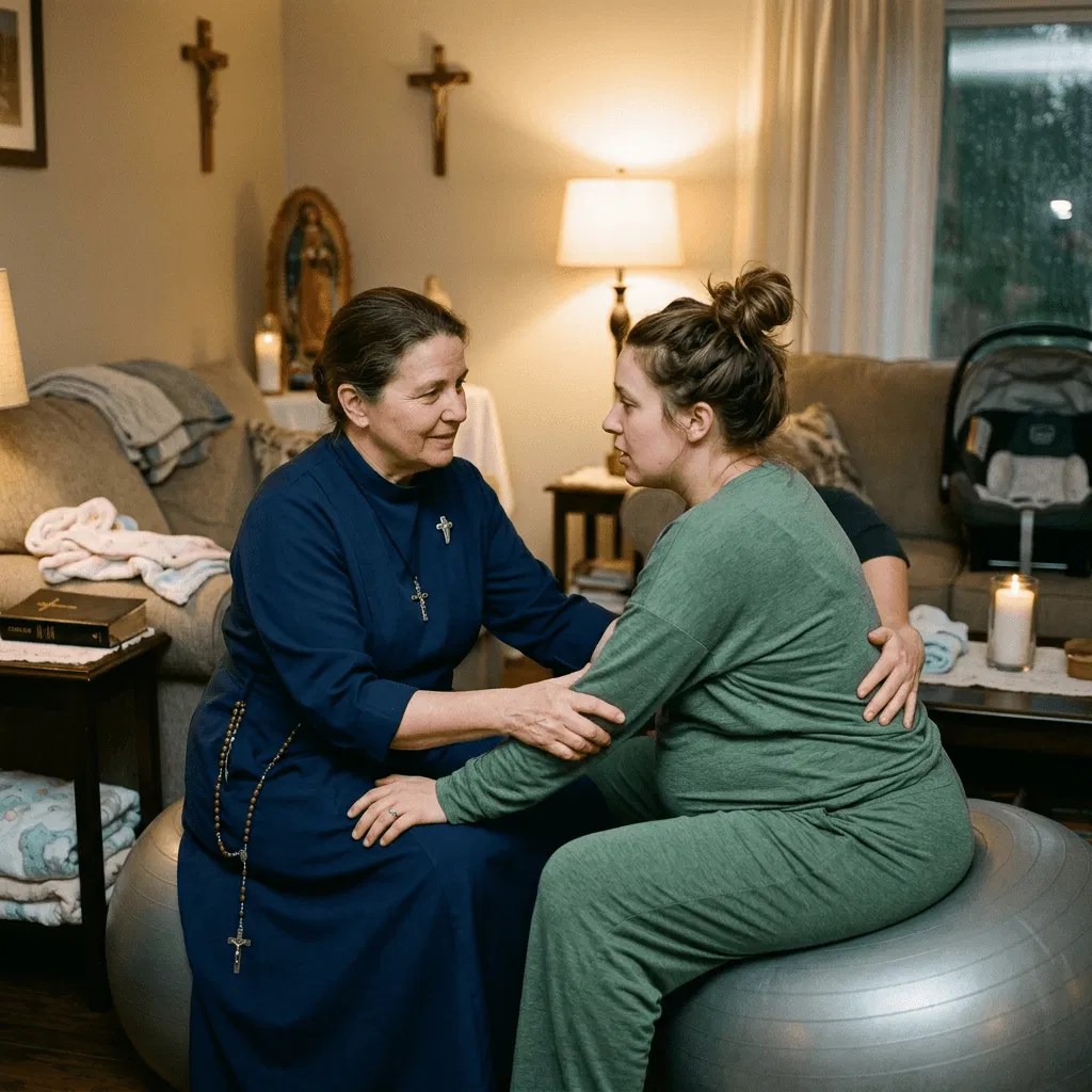 Una doula católica brinda apoyo emocional y espiritual a una mujer en un entorno hogareño. Símbolos religiosos, incluyendo crucifijos y una estatua de la Virgen María, son visibles, enfatizando un enfoque basado en la fe.