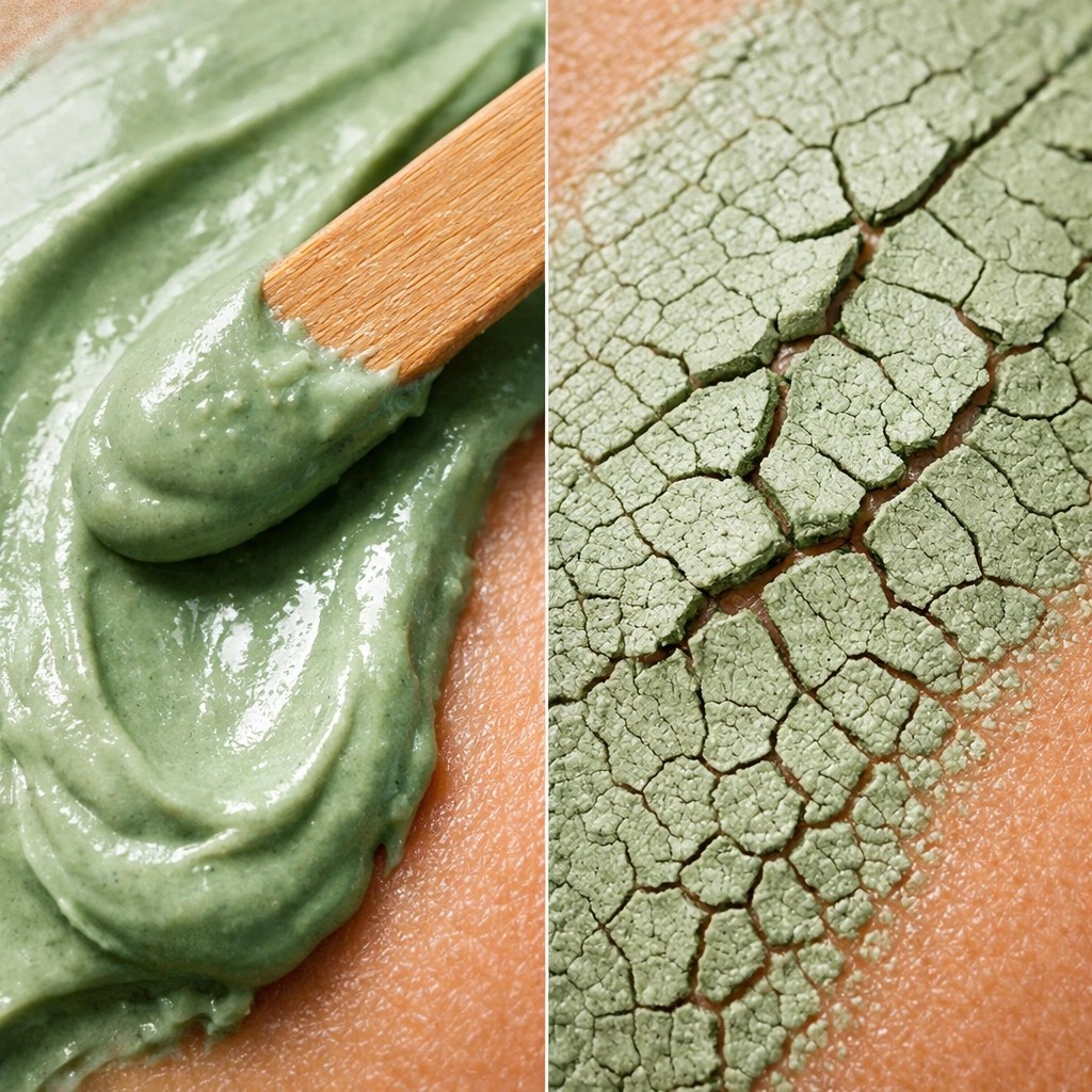 Macro of green clay being applied to skin to pull impurities and absorb sebum for acne-prone skin.