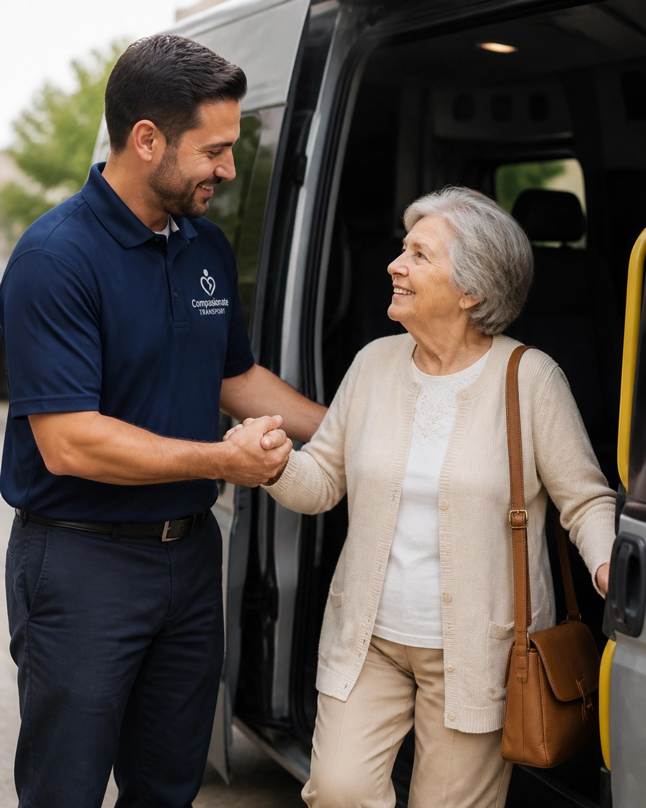 A professional driver assisting an elderly passenger