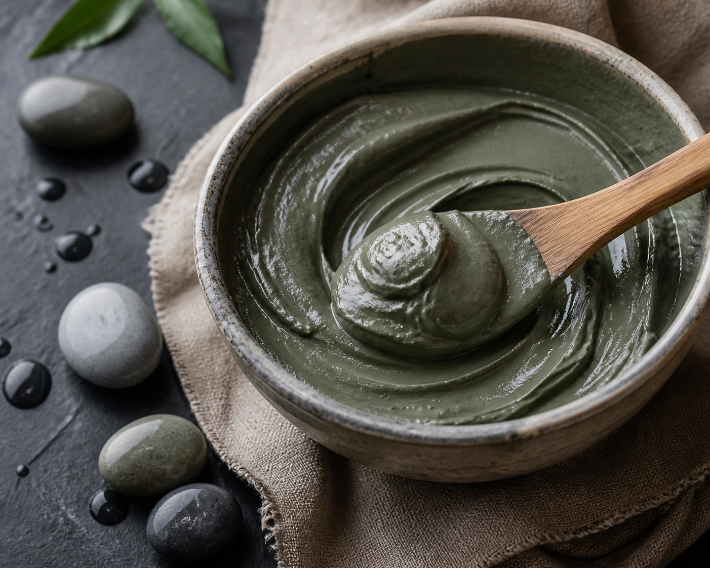 Smooth French green clay paste in a bowl prepared for a healing skin detox mask.