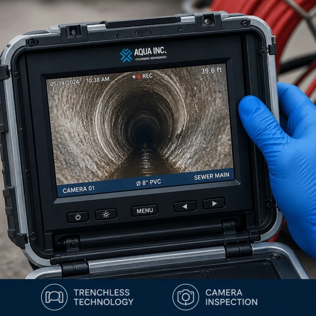 Diagnostic view from a sewer camera inspection identifying a pipe blockage