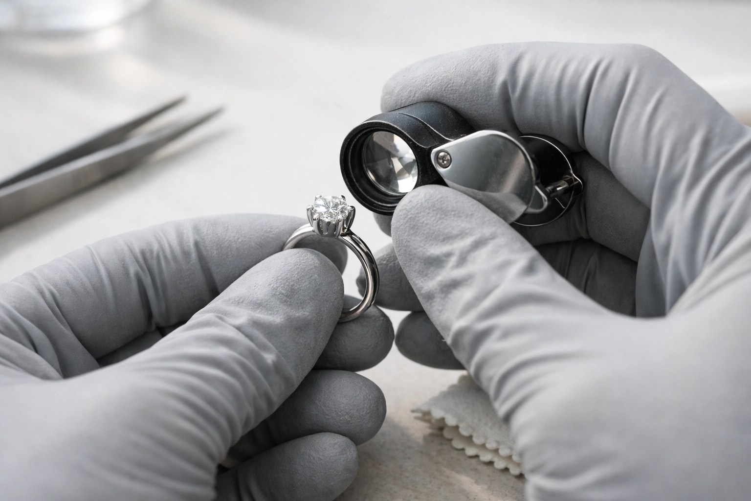 Jeweler inspecting a diamond ring prong setting with a loupe during a maintenance check