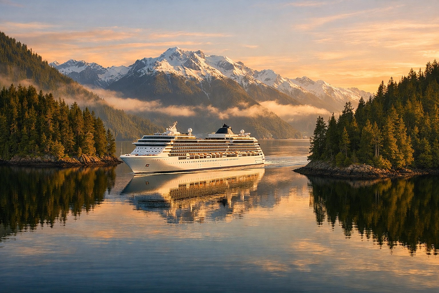 Luxury cruise ship sailing through the calm, scenic waterways of the Alaska Inside Passage at sunrise.