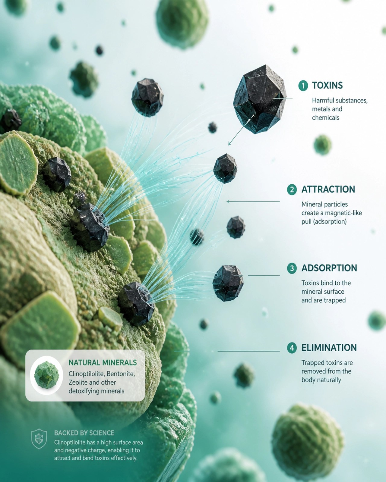 A microscopic-style visualization showing mineral particles attracting and trapping dark toxin particles through a magnetic-like pull.