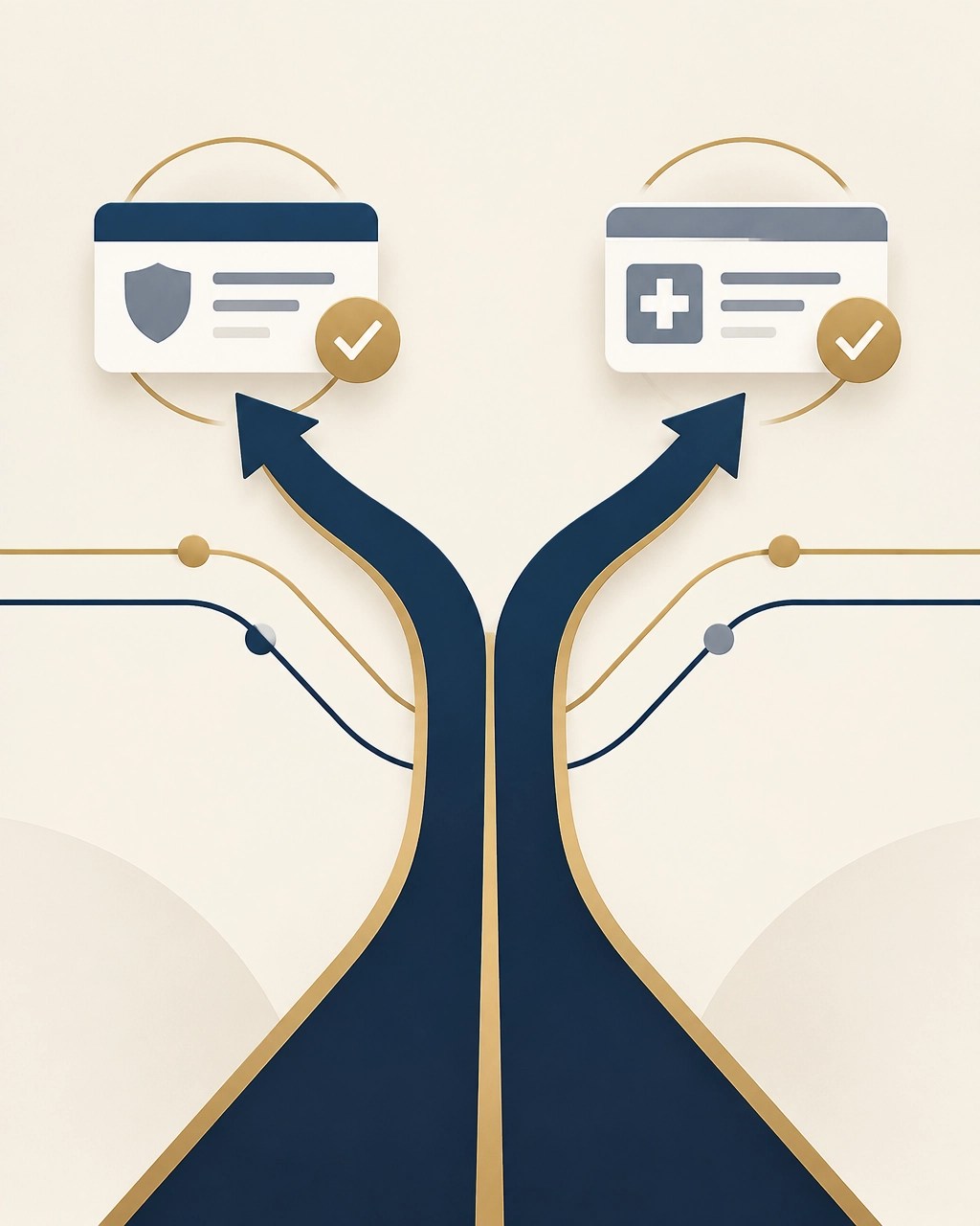 Abstract pathway splitting into payer routes, representing eligibility verification and behavioral health carve-outs
