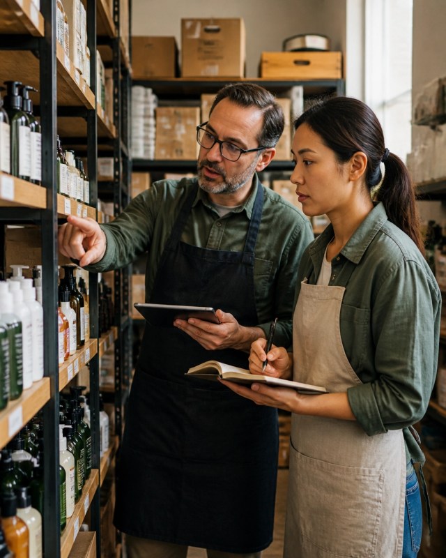 Retail manager and employee reviewing inventory in a store stockroom
