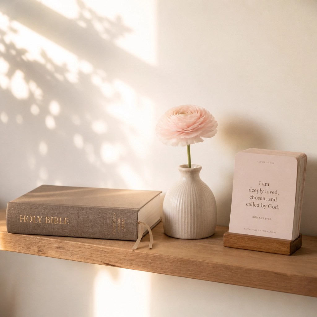 A minimalist shelf with a Bible and affirmation cards