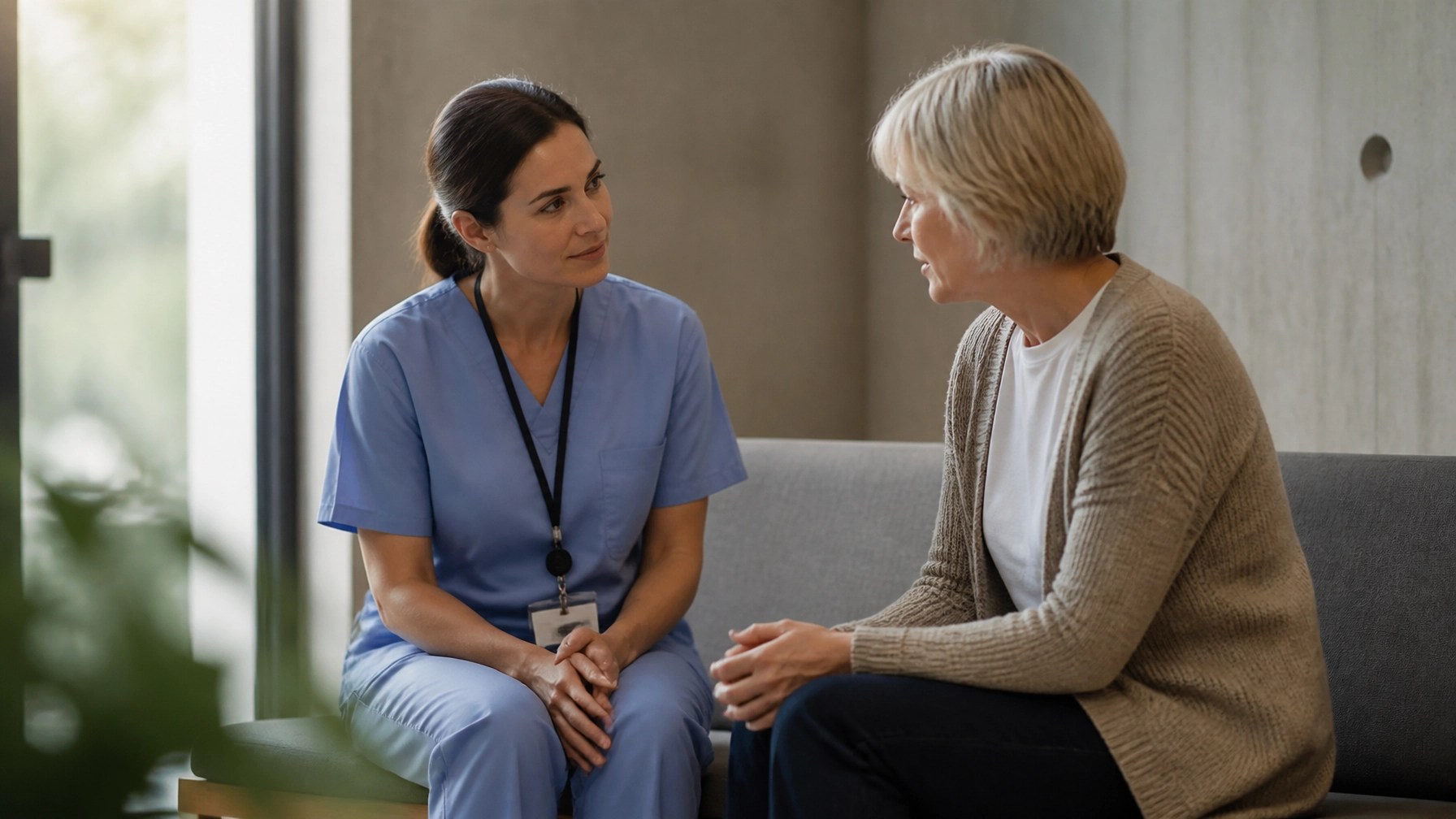 Two professionals from different fields sitting together in quiet conversation, reflecting presence, support, and human connection across industries.
