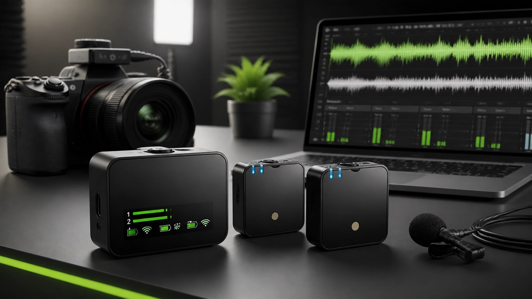 Wireless microphones, camera, laptop, and clean audio waveforms in a modern product-content studio