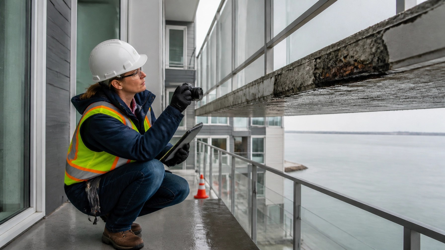 Structural engineer documenting concrete spalling and water intrusion at a condominium balcony slab edge in New Jersey