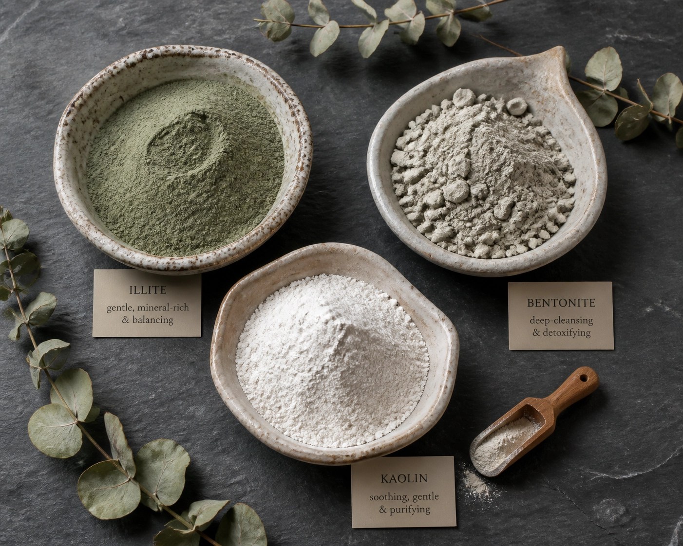Comparison of different healing clays including French green, bentonite, and kaolin for detox.
