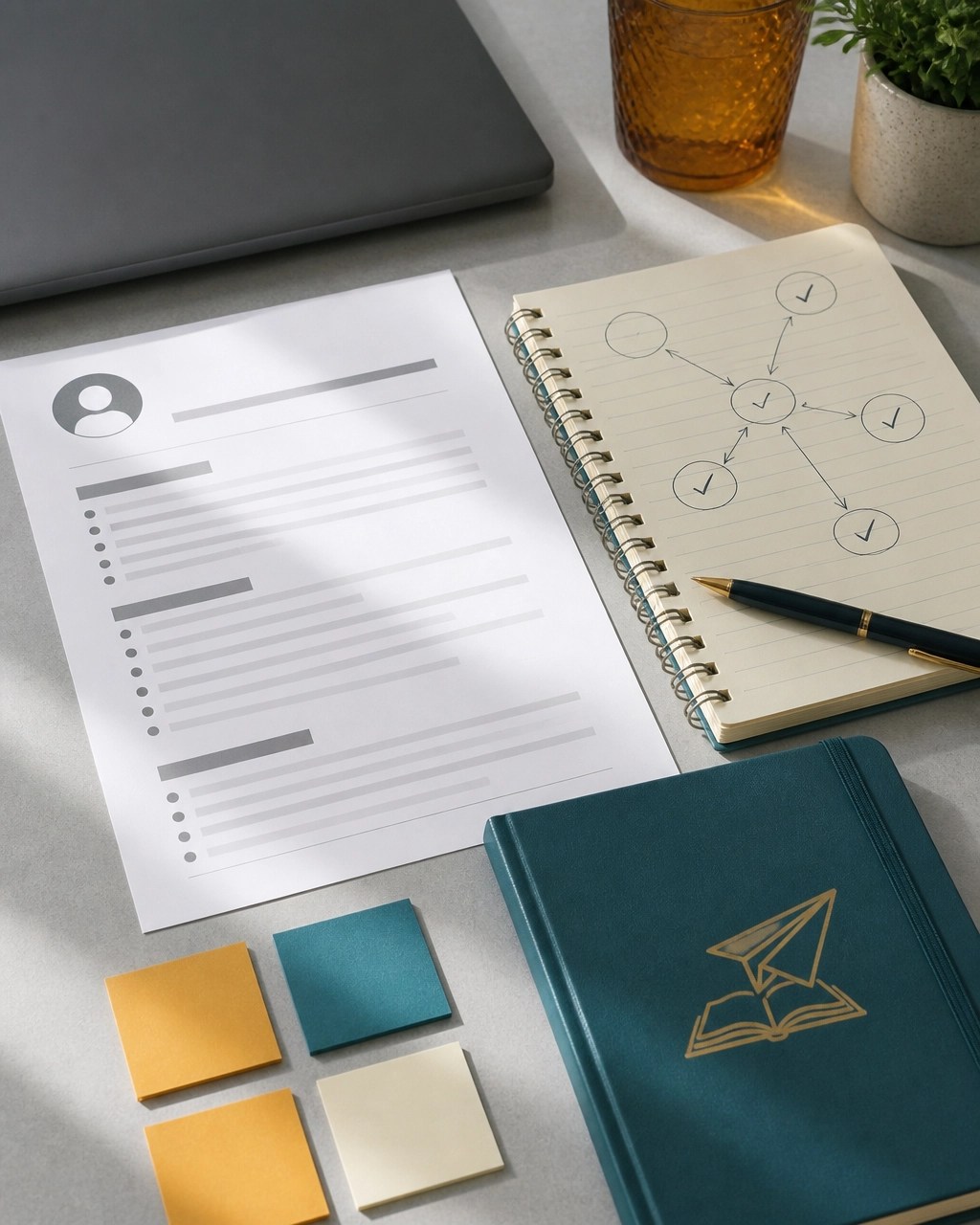 An overhead view of a printed job description, notebook, sticky notes, and a simple career priority map on a clean desk